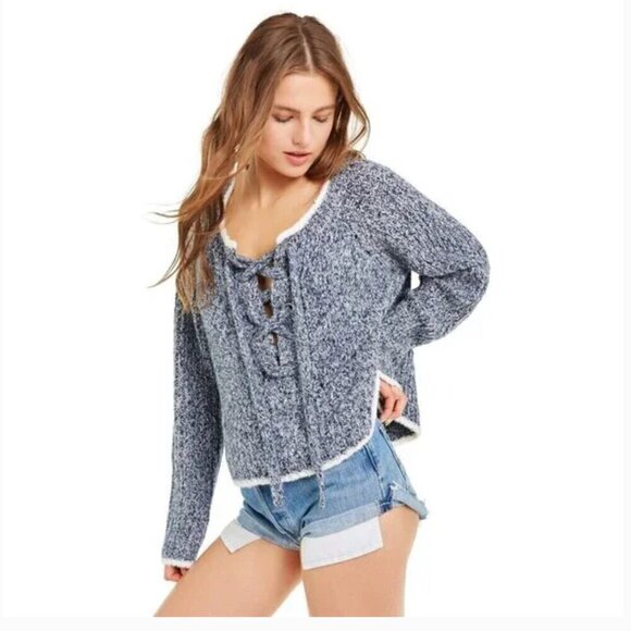WILDFOX Oxford Queen Melange Long Sleeve Lace Up Neck Sweater Womens Small - Picture 2 of 13